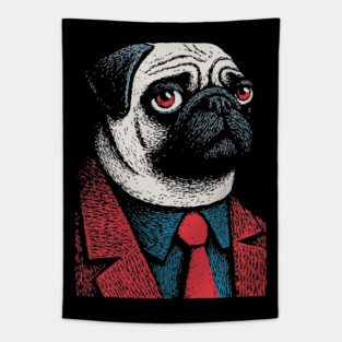 Dapper Pug Dog in a Red Suit Portrait Tapestry