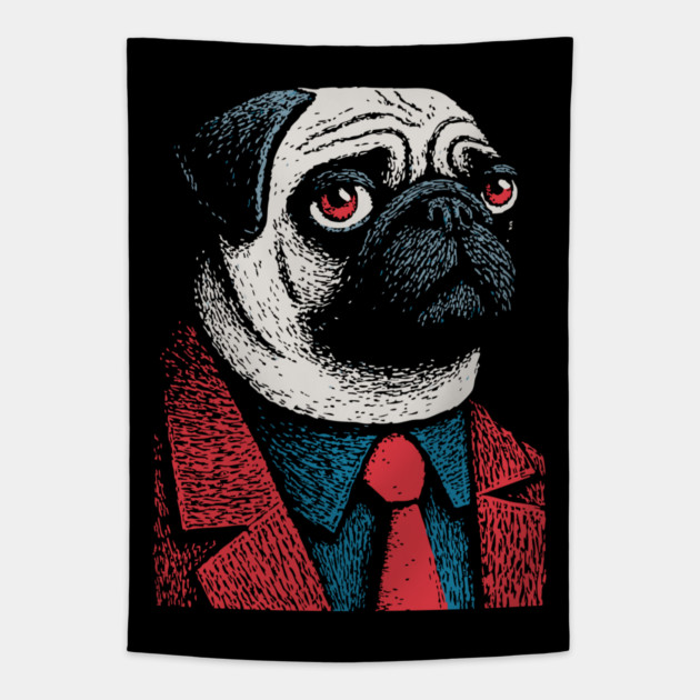 Dapper Pug Dog in a Red Suit Portrait Tapestry by TuncGK