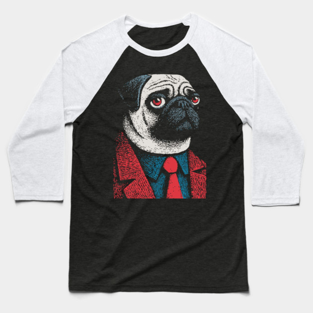 Dapper Pug Dog in a Red Suit Portrait Baseball T-Shirt by TuncGK