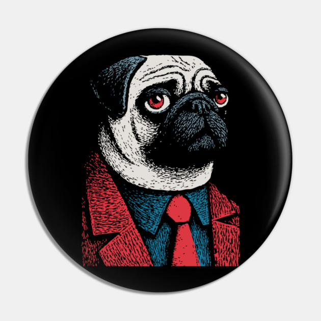 Dapper Pug Dog in a Red Suit Portrait Pin by TuncGK