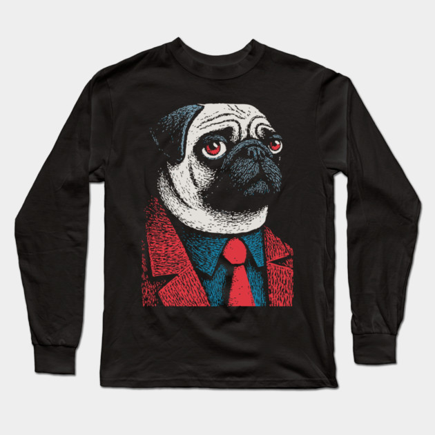 Dapper Pug Dog in a Red Suit Portrait Long Sleeve T-Shirt by TuncGK