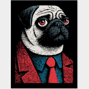 Dapper Pug Dog in a Red Suit Portrait Posters and Art