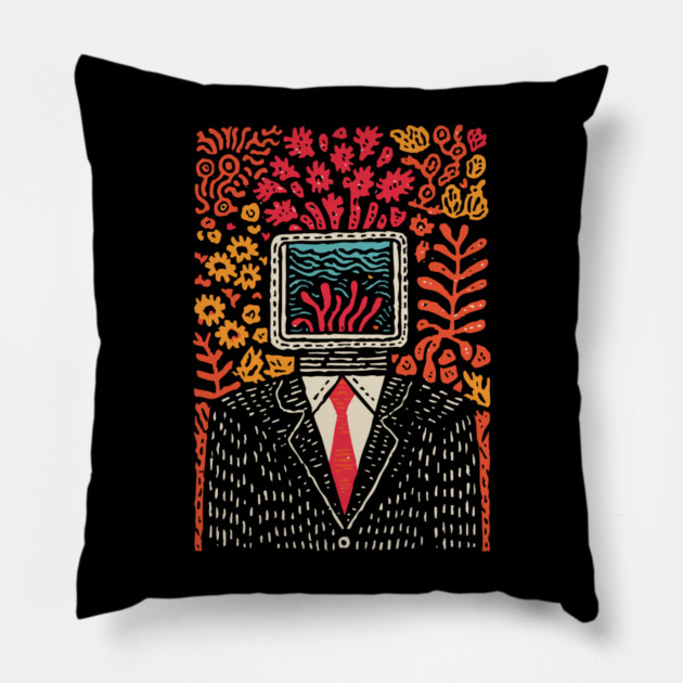 Surreal Coral Reef TV Head Man Illustration Pillow by TuncGK
