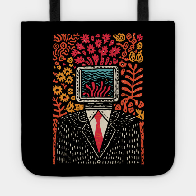 Surreal Coral Reef TV Head Man Illustration Tote by TuncGK