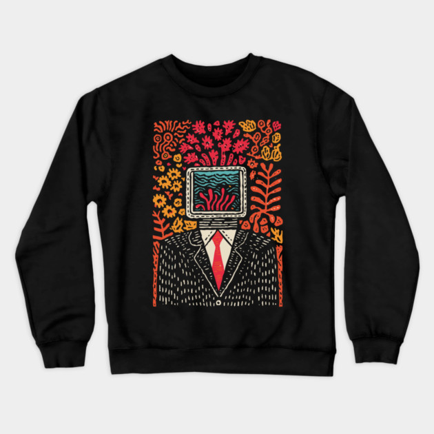 Surreal Coral Reef TV Head Man Illustration Crewneck Sweatshirt by TuncGK
