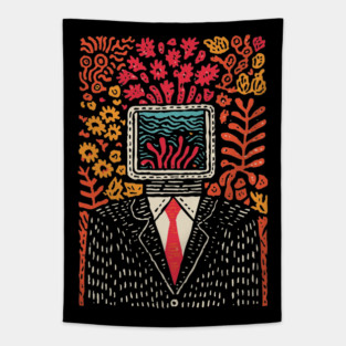 Surreal Coral Reef TV Head Man Illustration Tapestry