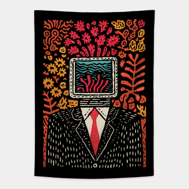 Surreal Coral Reef TV Head Man Illustration Tapestry by TuncGK