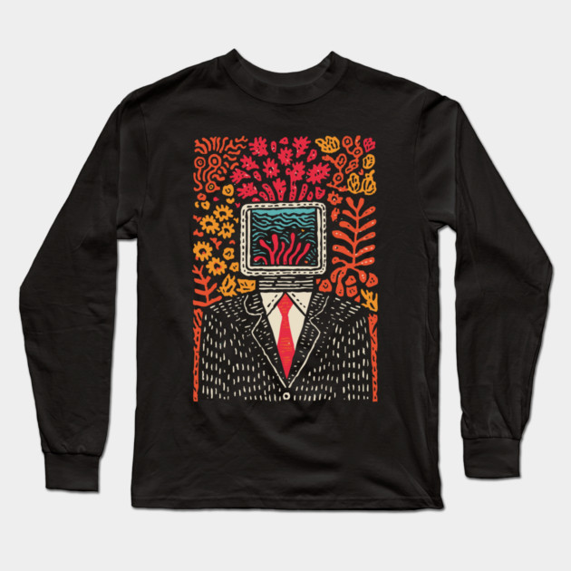 Surreal Coral Reef TV Head Man Illustration Long Sleeve T-Shirt by TuncGK
