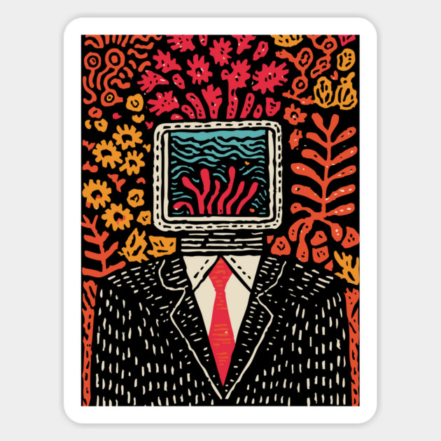 Surreal Coral Reef TV Head Man Illustration Magnet by TuncGK