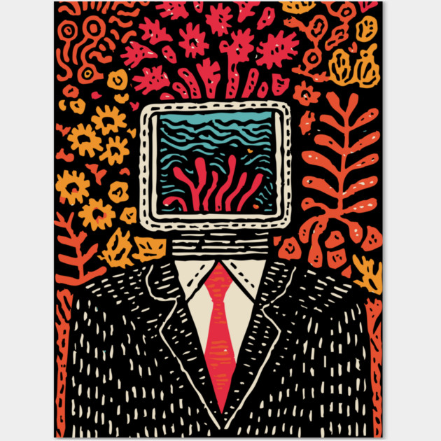Surreal Coral Reef TV Head Man Illustration Wall Art by TuncGK