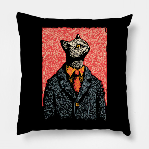 Dapper Black Cat in a Suit Portrait Art Pillow by TuncGK