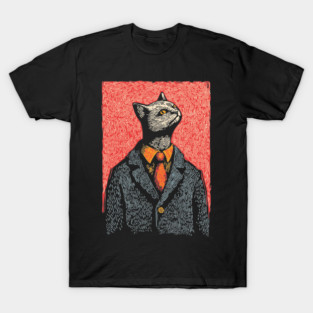 Dapper Black Cat in a Suit Portrait Art T-Shirt