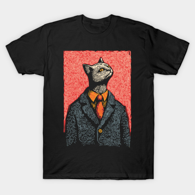 Dapper Black Cat in a Suit Portrait Art T-Shirt by TuncGK