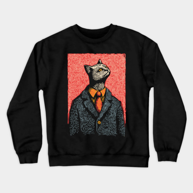 Dapper Black Cat in a Suit Portrait Art Crewneck Sweatshirt by TuncGK