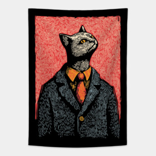 Dapper Black Cat in a Suit Portrait Art Tapestry