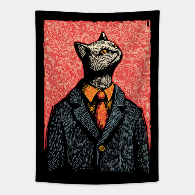 Dapper Black Cat in a Suit Portrait Art Tapestry by TuncGK