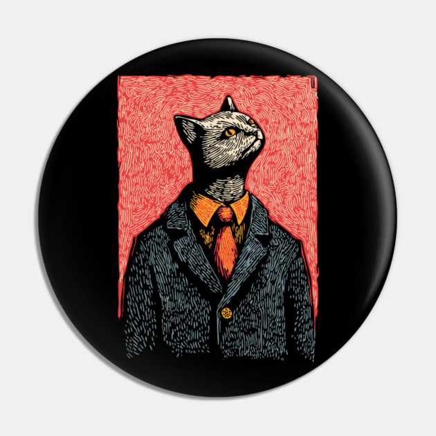 Dapper Black Cat in a Suit Portrait Art Pin by TuncGK