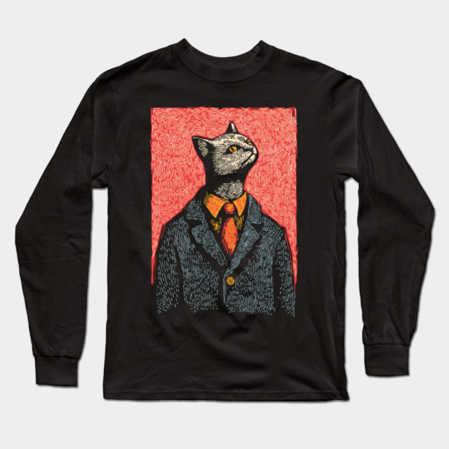 Dapper Black Cat in a Suit Portrait Art Long Sleeve T-Shirt by TuncGK