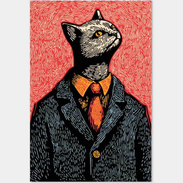 Dapper Black Cat in a Suit Portrait Art Wall Art by TuncGK