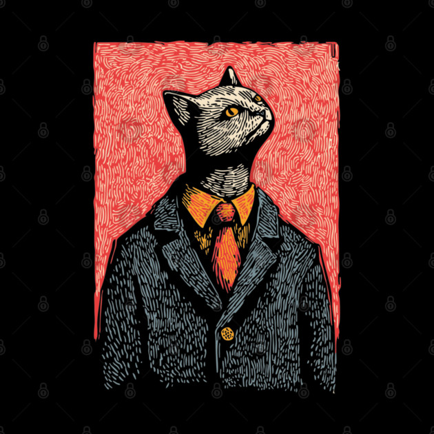 Dapper Black Cat in a Suit Portrait Art by TuncGK