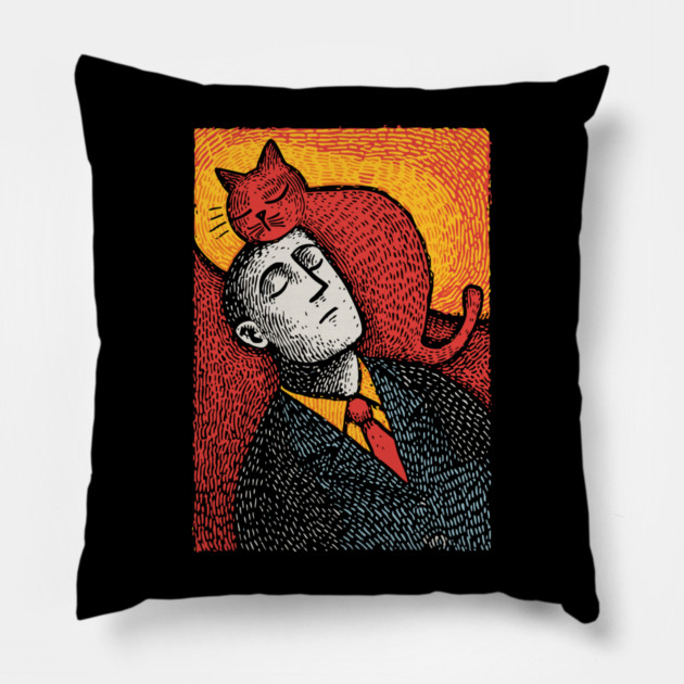 Surreal Art of a Man Dreaming of Cats Pillow by TuncGK