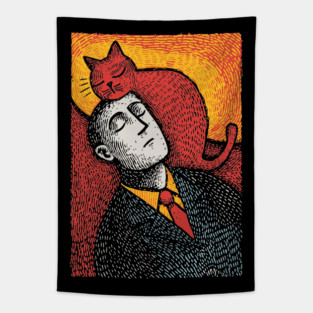 Surreal Art of a Man Dreaming of Cats Tapestry