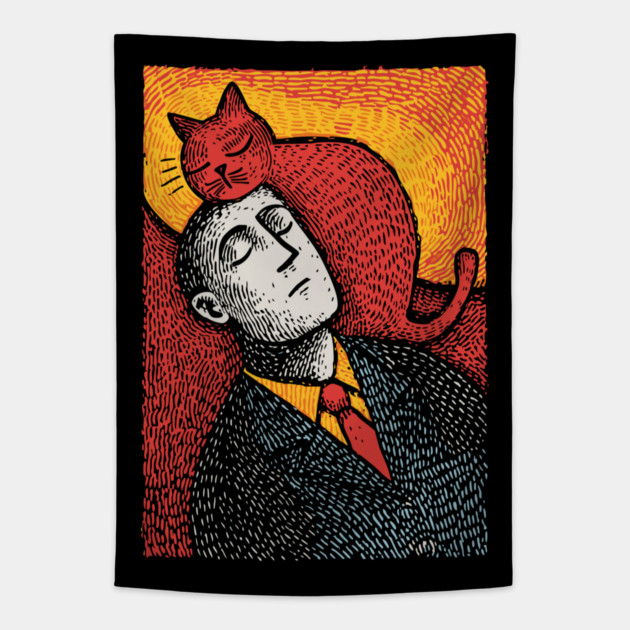 Surreal Art of a Man Dreaming of Cats Tapestry by TuncGK