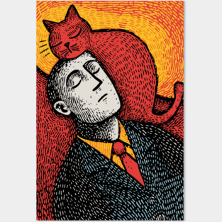 Surreal Art of a Man Dreaming of Cats Posters and Art