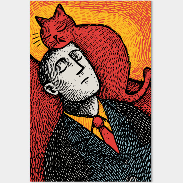 Surreal Art of a Man Dreaming of Cats Wall Art by TuncGK