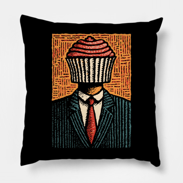 Surreal Cupcake Head Man in a Suit Artwork Pillow by TuncGK