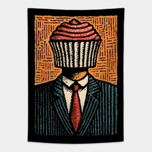 Surreal Cupcake Head Man in a Suit Artwork Tapestry