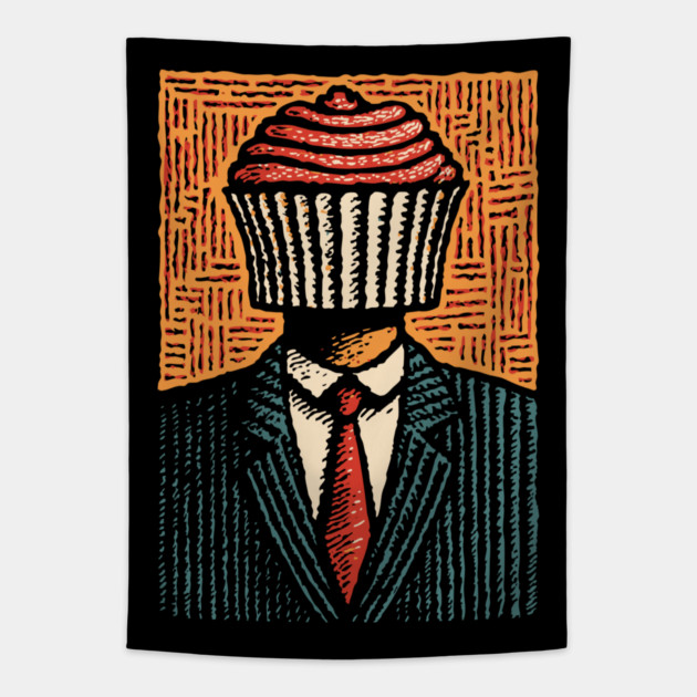 Surreal Cupcake Head Man in a Suit Artwork Tapestry by TuncGK