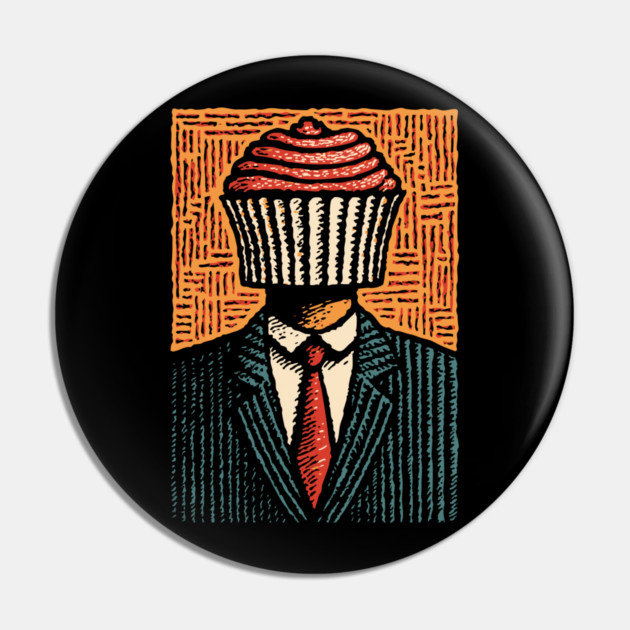 Surreal Cupcake Head Man in a Suit Artwork Pin by TuncGK