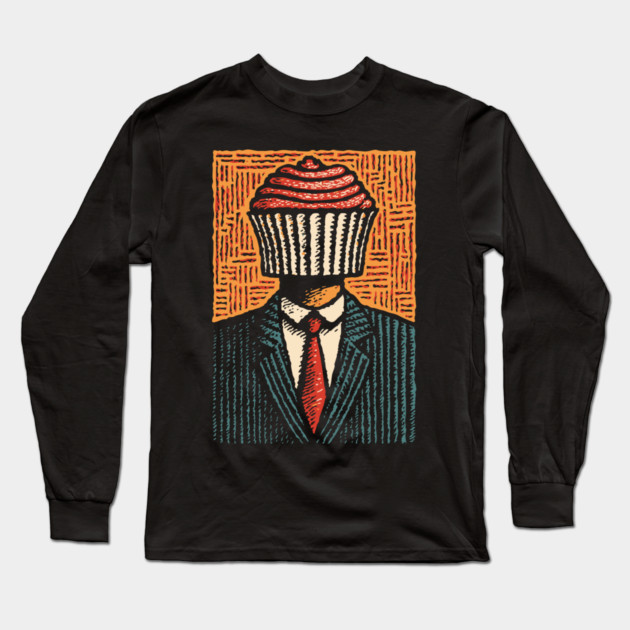 Surreal Cupcake Head Man in a Suit Artwork Long Sleeve T-Shirt by TuncGK