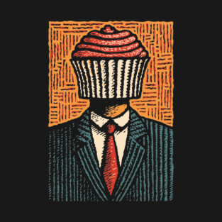 Surreal Cupcake Head Man in a Suit Artwork T-Shirt