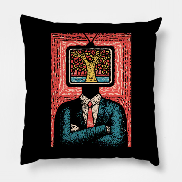 Tree of Life TV Head Surreal Illustration Pillow by TuncGK