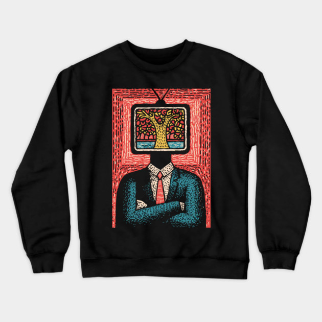 Tree of Life TV Head Surreal Illustration Crewneck Sweatshirt by TuncGK