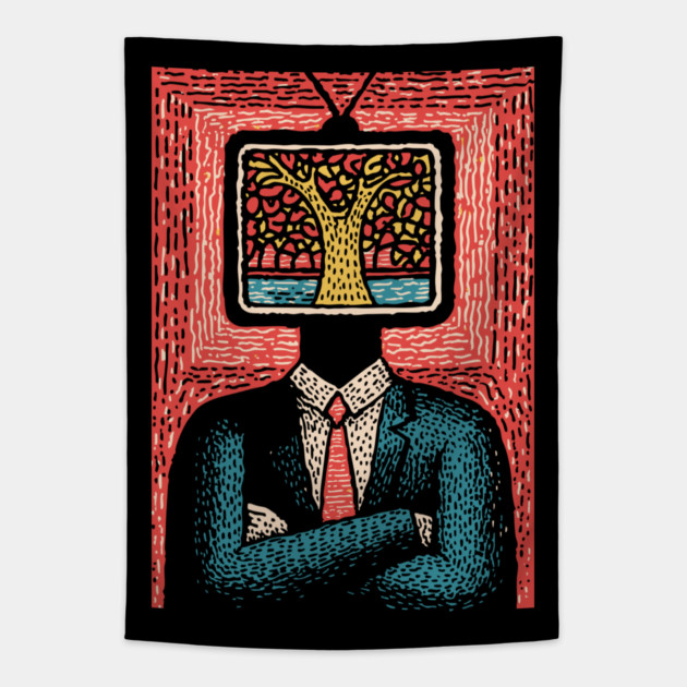 Tree of Life TV Head Surreal Illustration Tapestry by TuncGK