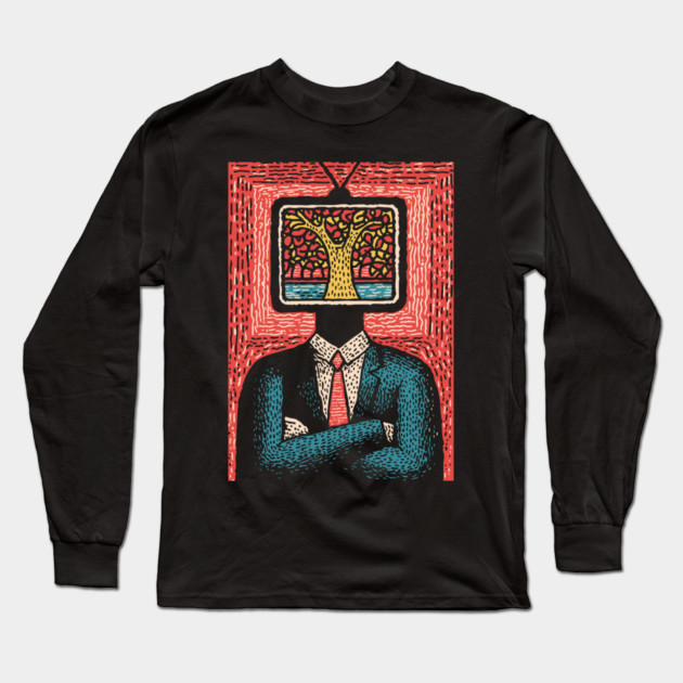 Tree of Life TV Head Surreal Illustration Long Sleeve T-Shirt by TuncGK