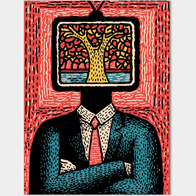 Tree of Life TV Head Surreal Illustration Wall Art by TuncGK