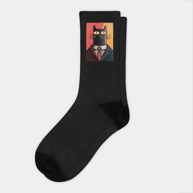 Sophisticated Dapper Cat in a Suit Illustration Socks by TuncGK