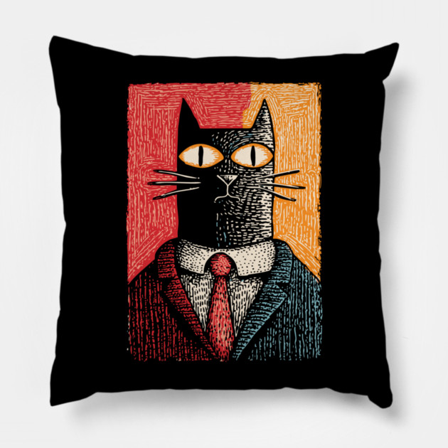 Sophisticated Dapper Cat in a Suit Illustration Pillow by TuncGK