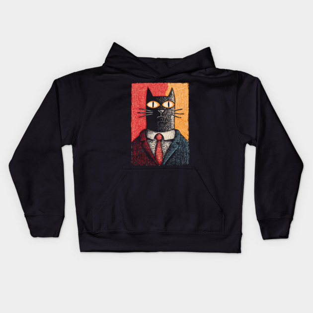 Sophisticated Dapper Cat in a Suit Illustration Kids Hoodie by TuncGK