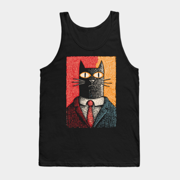 Sophisticated Dapper Cat in a Suit Illustration Tank Top by TuncGK