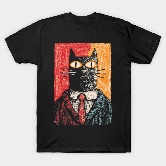 Sophisticated Dapper Cat in a Suit Illustration T-Shirt by TuncGK