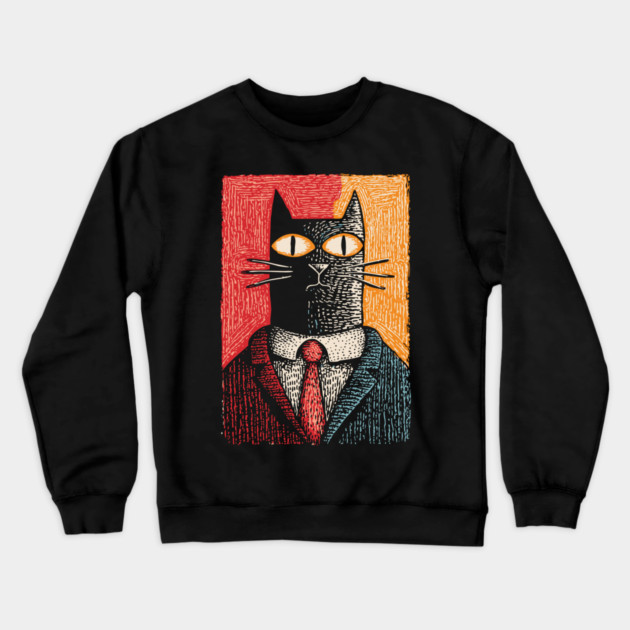 Sophisticated Dapper Cat in a Suit Illustration Crewneck Sweatshirt by TuncGK