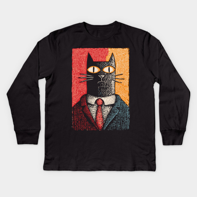 Sophisticated Dapper Cat in a Suit Illustration Kids Long Sleeve T-Shirt by TuncGK