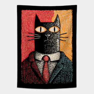 Sophisticated Dapper Cat in a Suit Illustration Tapestry
