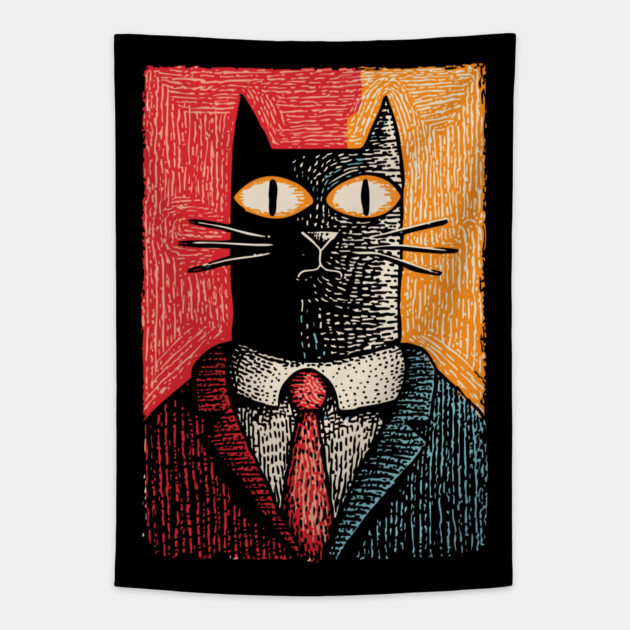 Sophisticated Dapper Cat in a Suit Illustration Tapestry by TuncGK