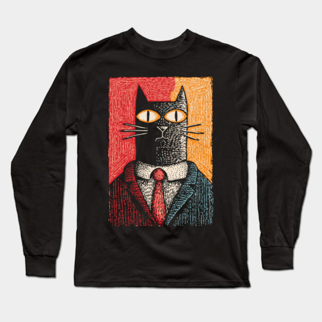 Sophisticated Dapper Cat in a Suit Illustration Long Sleeve T-Shirt by TuncGK